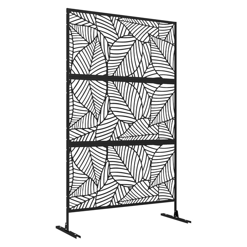 Freestanding Outdoor Privacy Screen, 198 x 122 cm Black Laser-Cut Galvanized Steel Decorative Garden Divider, Weather Resistant Partition for Patio, Balcony, Garden and Indoor Use