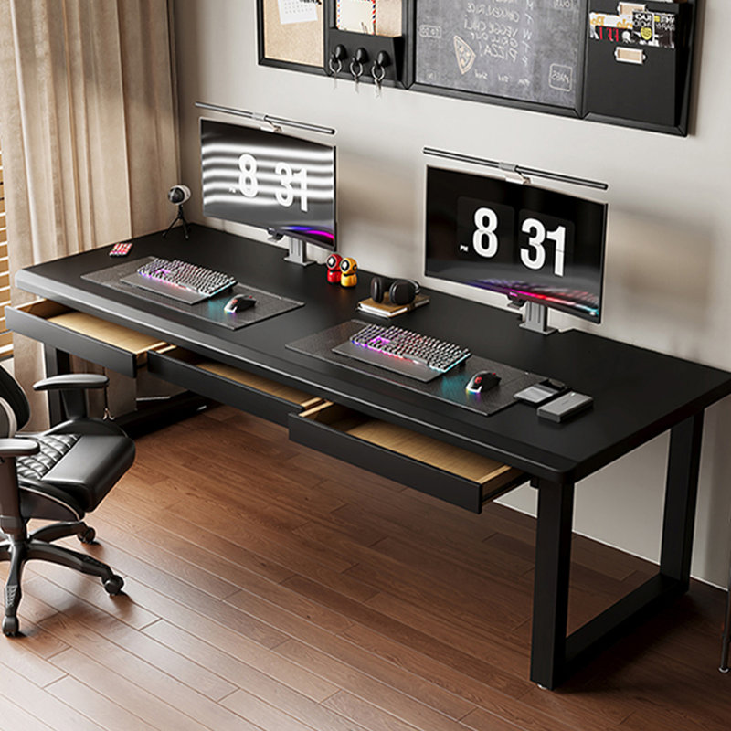 Bureau d'écriture rectangulaire en bois massif noir avec 3 tiroirs, H 29,53 po x l 86,61 po x P 27,56 po 