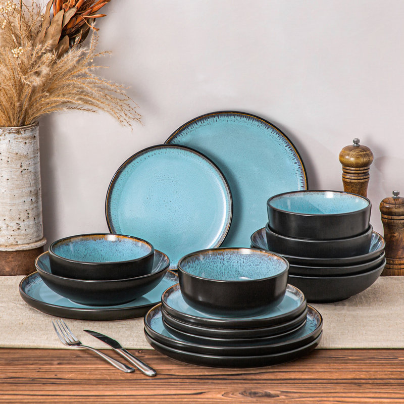 Amber 16 Piece Stoneware Dinnerware Set, Service For 4, Blue