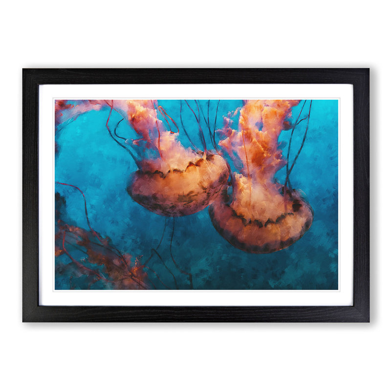 Pink Jellyfish - Picture Frame Painting Print, 62cm H x 87cm W x 2cm D, Black Framed