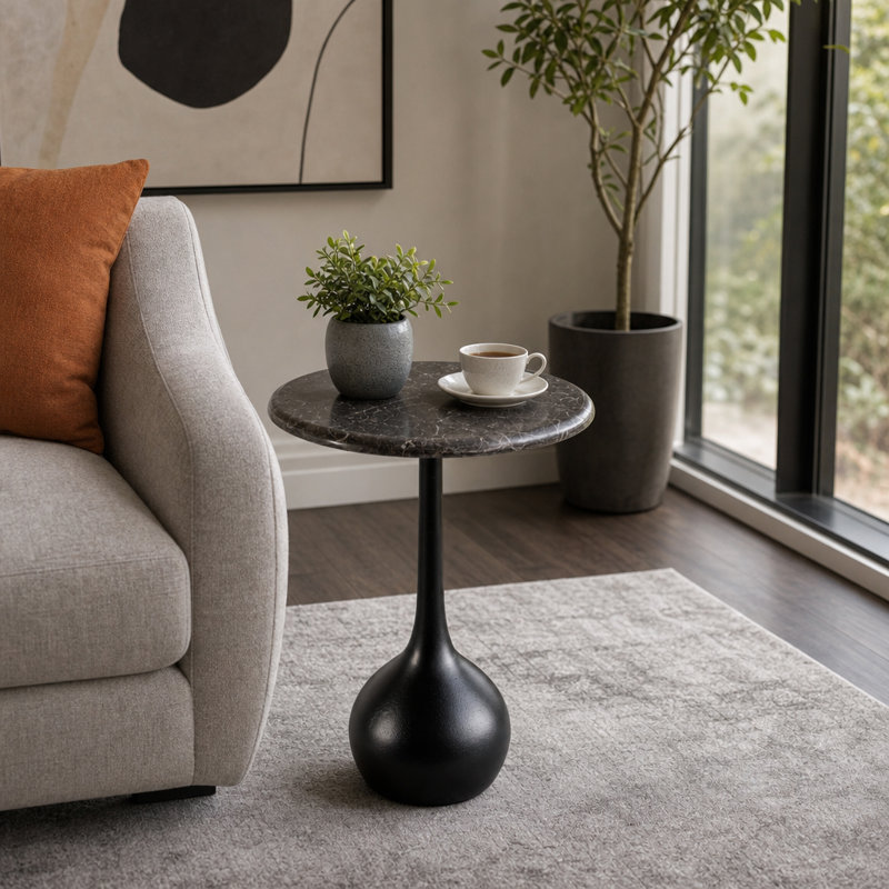 Ernstfried Modern Round Marble Top Accent Table for Bedroom - Sleek Small Side Table with Sculptural Ball Base for Living Room, Narrow End Table Design - 21"