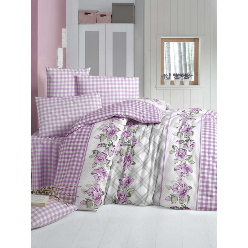 Ensemble de housse de couette 100% coton Kilpatrick rose / blanc / lilas / vert