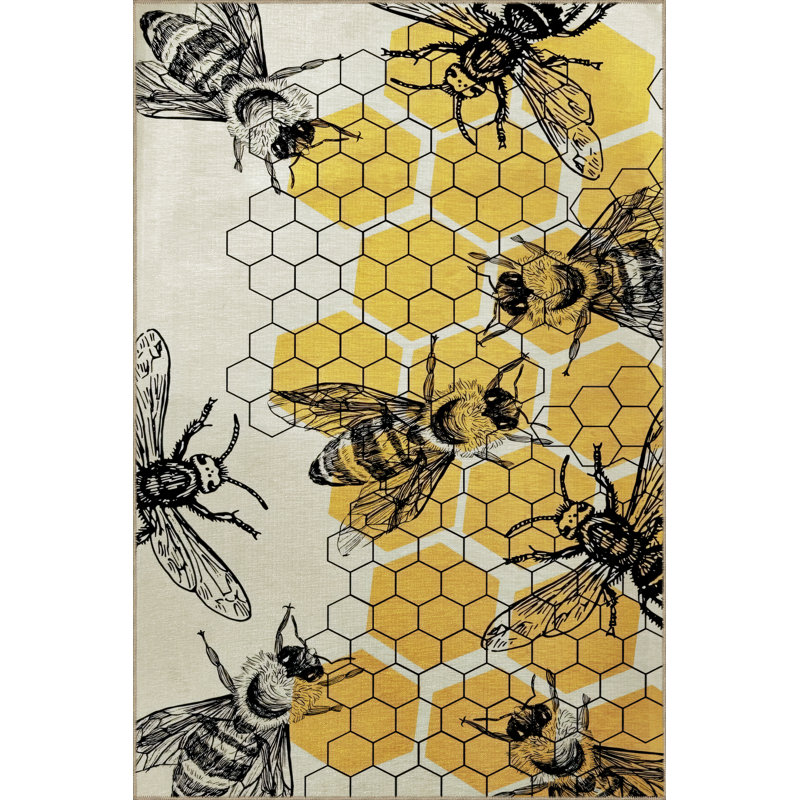 Yellow-Beige Themed Beehive and Bee Patterned Creative Modern Decorative Rug, Runner 3'3.37" x 6'6.74"