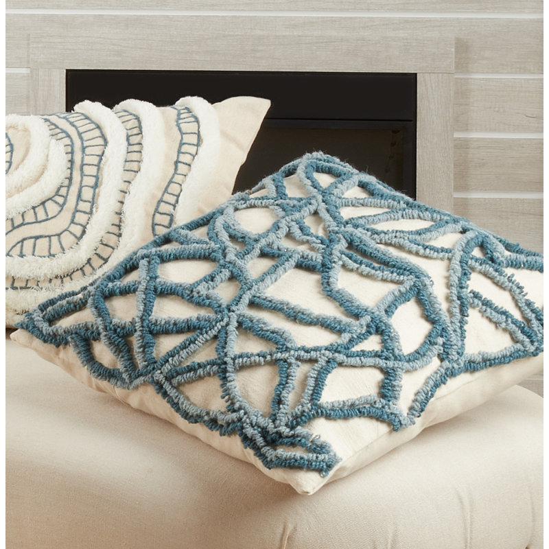 Blue Embroidered Cotton Square Throw Pillow