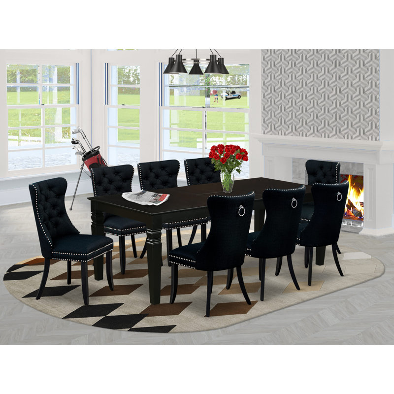 9 Piece Dining Table Set Includes a Rectangle Kitchen Table with Butterfly Leaf and 8 Polyester Fabric Upholstered Chairs, Black