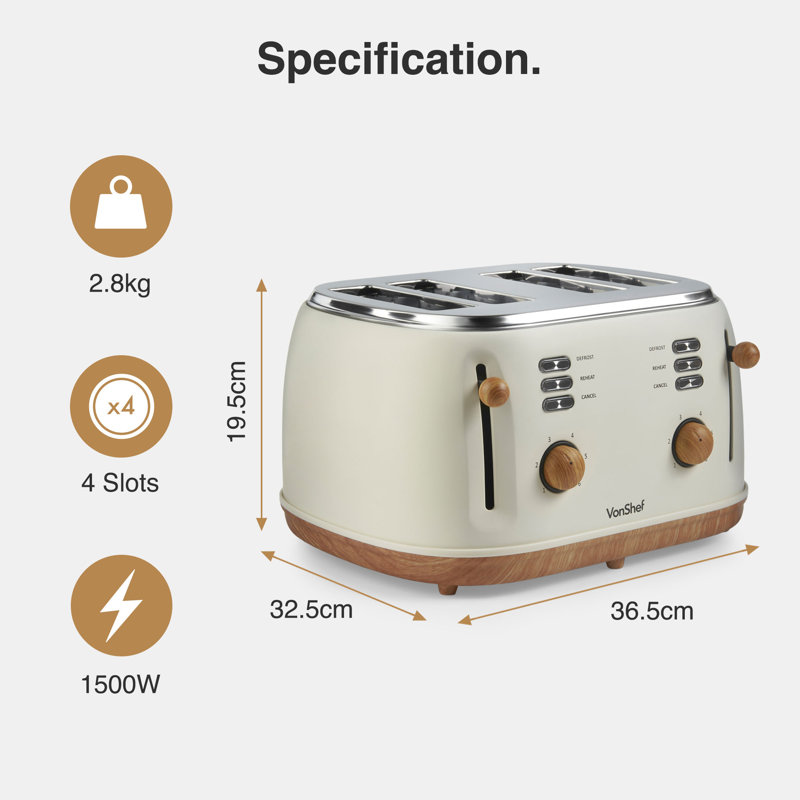Vonshef 4 Slice Toaster - Nordic Matte Cream Design, 6 Browning Settings, Wide Slots, Defrost, Reheat And Cancel Functions, Removable Crumb Tray, High Lift Lever & Cord Storage