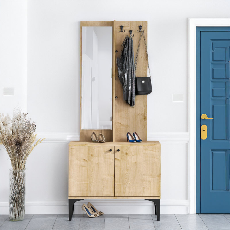 Hall Tree 35.4'' Wide With Mirror, Cabinet And 6 Hooks