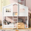 Lit superposé simple au-dessus d'une maison blanche avec pin massif de haute qualité, conception de toit incliné, ambiance de chambre à coucher, lit facile à construire, fait de toit, apparence de clôture, fabricant amusant, méthode d'assemblage rapide