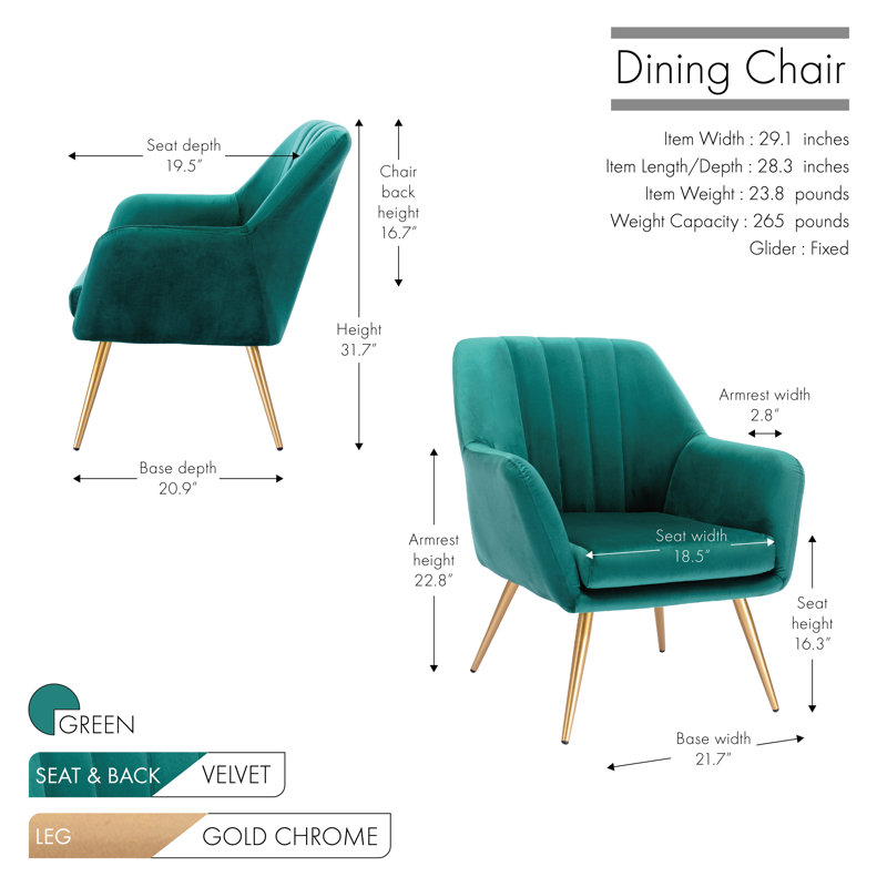 41.4cm H Velvet Upholstered Armchair, Green