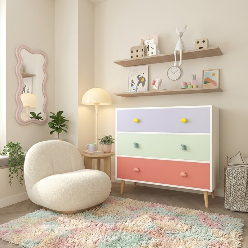 Commode 3 tiroirs, armoire de rangement avec poignées de dessin animé, table de chevet pour chambre à coucher, salon, placard, appartement, coloré