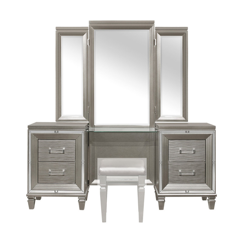 Marilon Vanity Desk With Mirror, Silver Gray Metallic