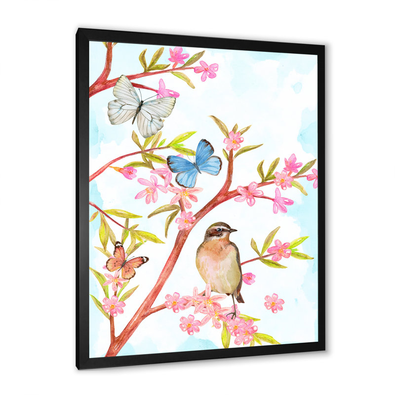Clever Bird Sitting on Branch of a Spring Tree - Peinture sur toile, H 40 po x l 30 po x 1,5 po, Toile avec cadre noir