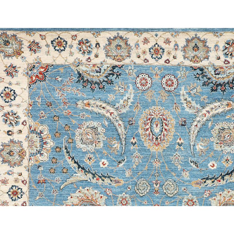 High-Quality Hand-Knotted Blue And Beige Area Rug, Rectangle 5' x 8'