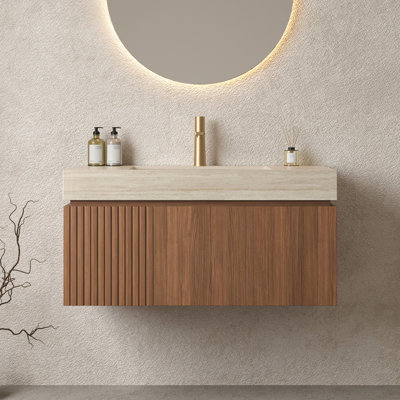MURI 30" Bathroom Vanity With Sink, Wall-Mounted Plywood Bathroom Storage Cabinet With Drawer & Door, Travertine-Pattern Sintered Stone Countertop With Basin, Pre-Assembled, White Oak Woodgrain Color