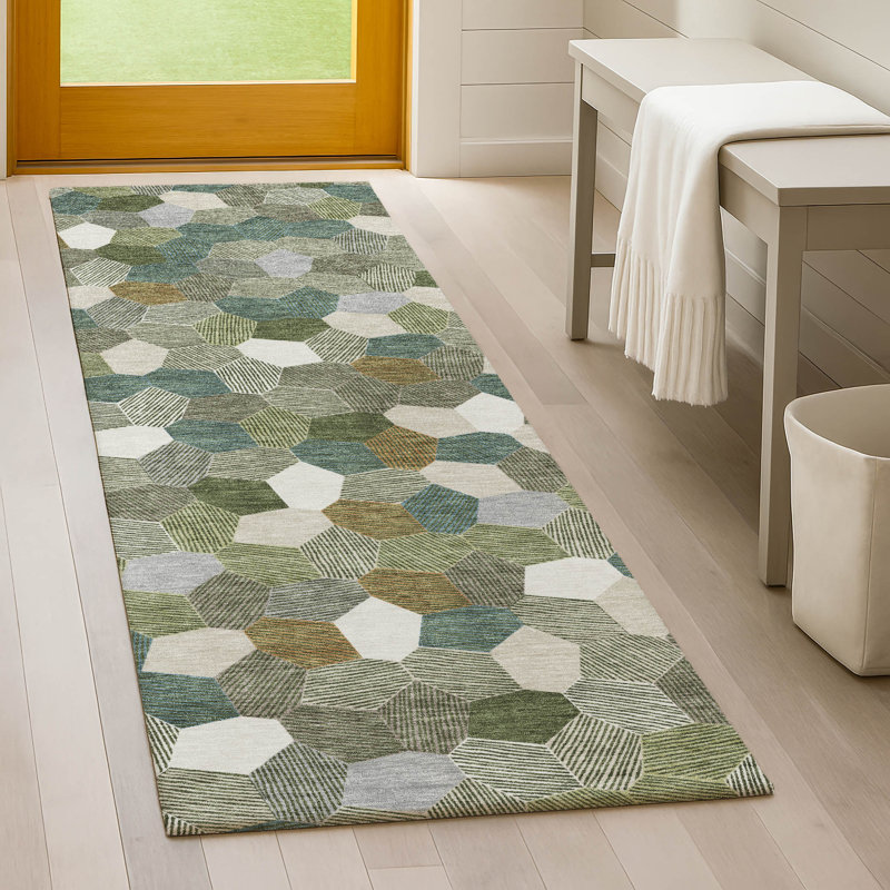 Machine Washable Indoor/Outdoor Chantille ACN2573 Geometric Rug, 2'3" x 7'6" Runner, Olive