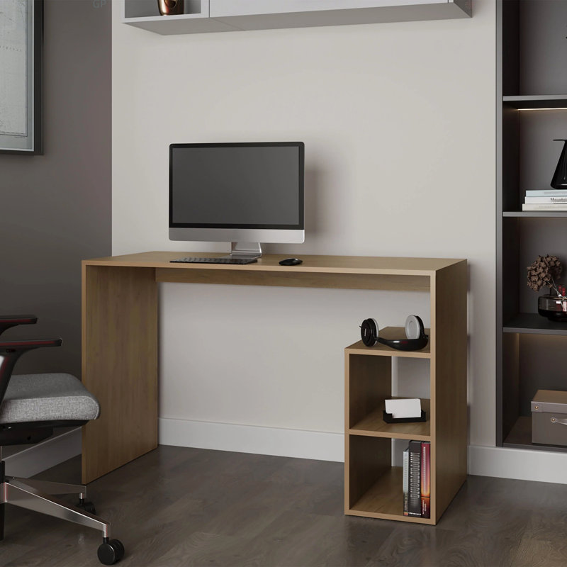 Bureau d'ordinateur en chêne naturel avec rangement ouvert et tablette ouverte