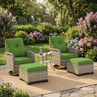 5-Piece Outdoor Swivel Glider Chair Set With Cushions, Ottomans And Side Table
