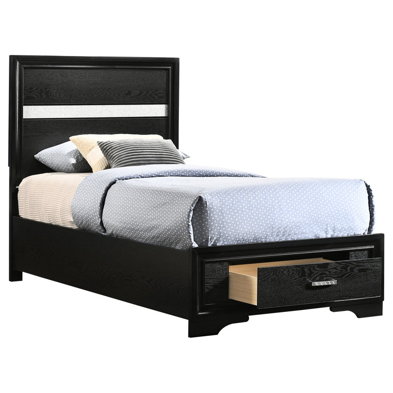 Lit simple avec finition et rangement noirs, poignées de tiroir scintillantes, panneau de particules en bois massif, fonction de rangement de 41,23 pouces de largeur, poignées décoratives en cristal, plateforme à lattes, bois franc asiatique,