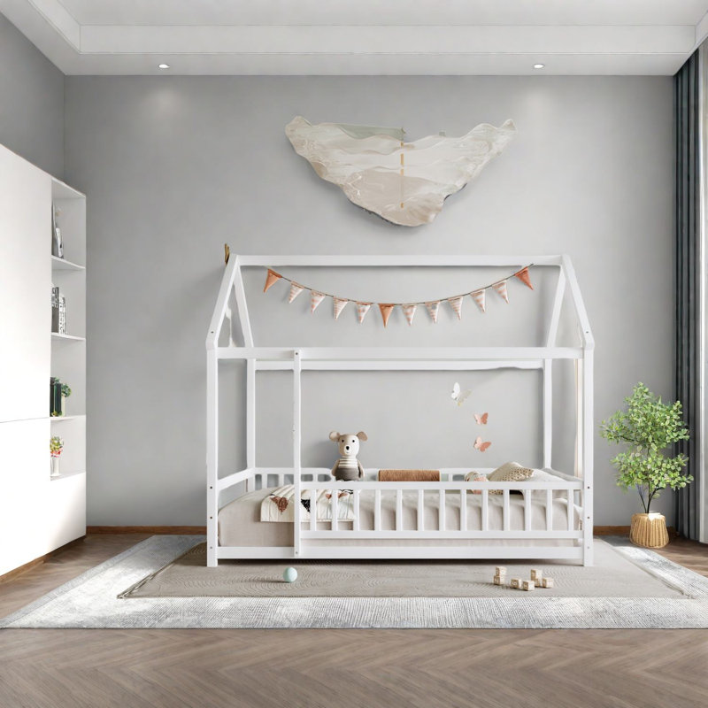 Lit de plancher simple en bois robuste avec structure de toit, pin, design moderne, idéal pour les espaces de jeu pour enfants