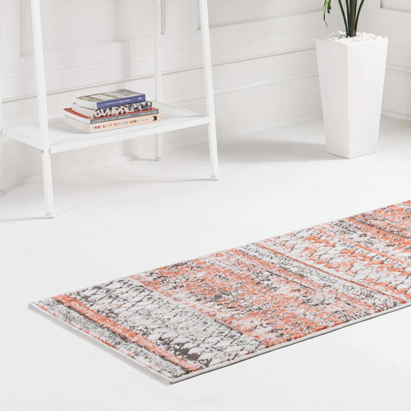 Tapis géométrique orange / gris, Tapis de couloir 2 pi 2 po x 6 pi 1 po