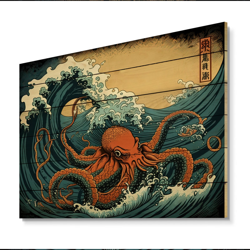 Paysage japonais Vitiello avec pieuvre III - impression sur bois sans cadre, H 16 po x l 32 po x P 1 po