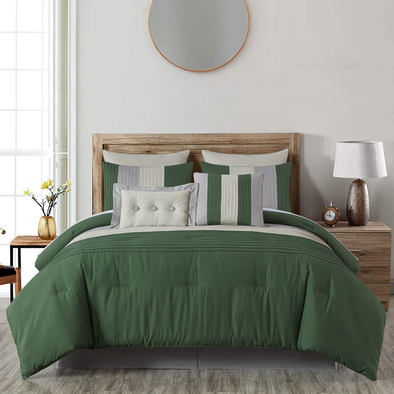 Loft 8-Piece Pleated Stripe Microfiber Comforter Set, Forest Green/Gray/Cream, Oversized King Comforter + 2 King Shams