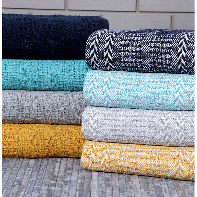 Navy and White Chevron Cotton Throw Blanket Set
