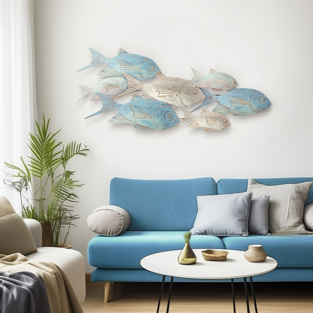 Blue Iron Coastal Fish Wall Decor - 41" Nautical School of Fish Wall Art for Living Room or Bedroom Dovecove