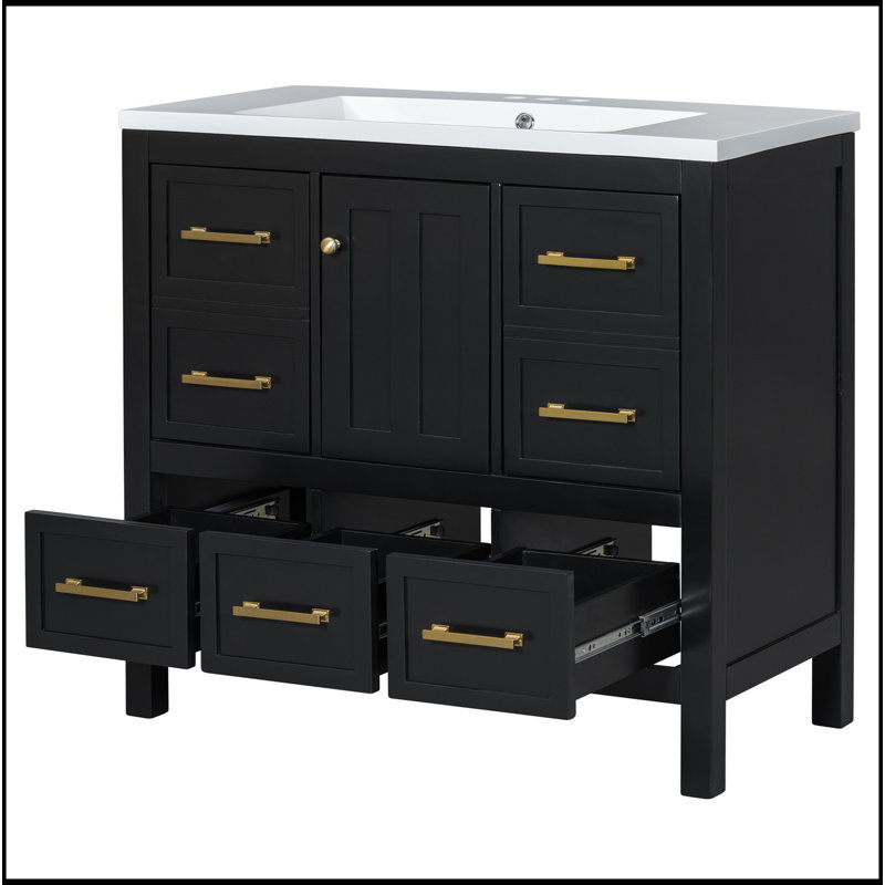 Ensemble de meuble-lavabo 36 po avec lavabo en résine, armoire de rangement en bois massif, ensemble de meuble-lavabo autoportant avec 5 tiroirs et portes à fermeture douce