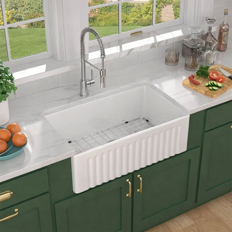Évier de cuisine de ferme rectangulaire en argile réfractaire simple 36 po x l 20 po avec grille et drain