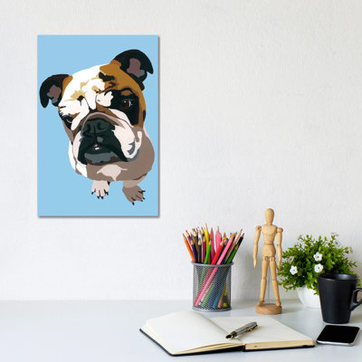 Bulldog On Blue by Julie Ahmad - Wrapped Canvas Print