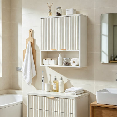 Modern Fluted Bathroom Wall Cabinet, Farmhouse Over Toilet Storage with Adjustable Shelf