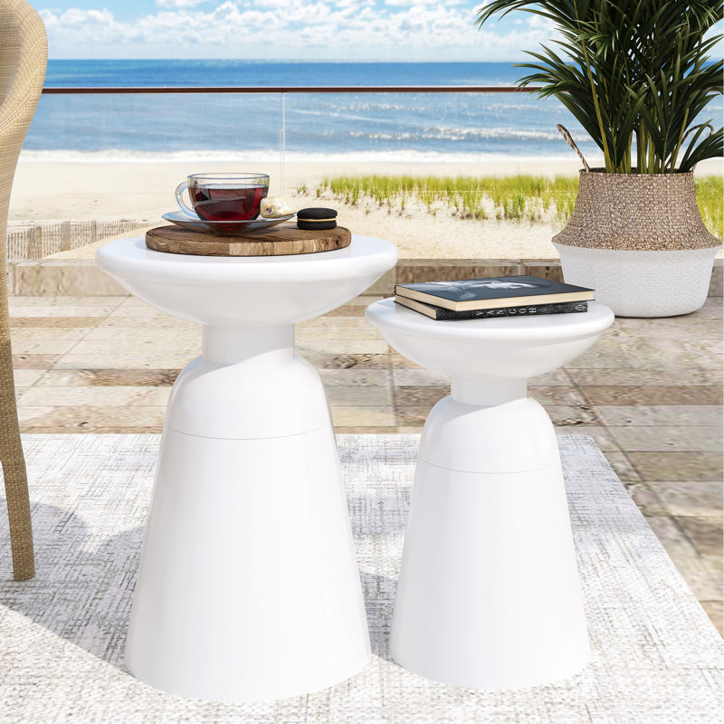 Table de bout en métal S / 2 en métal, blanc avec fer thermolaqué et structure à piédestal moderne pour les tables d'accessoires de salon, décoration élégante et durable
