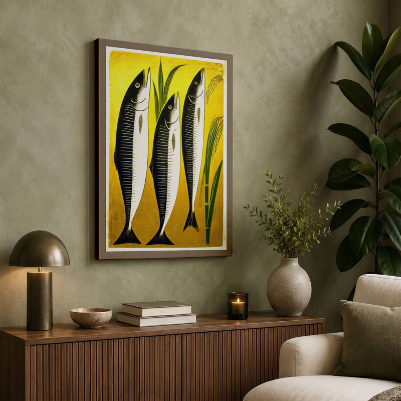 Three Fish In Green Geometric - Print, 30x20 - 76.2 x 50.8 cm, Taupe Border