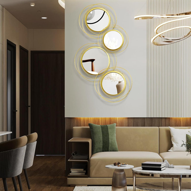 Miroir mural décoratif décoratif circulaire moderne en métal, Doré