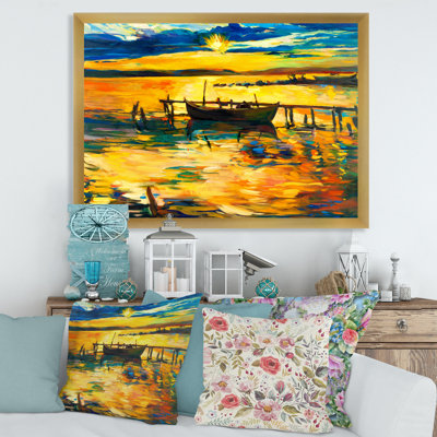 «Boat Pendant Evening Glow At The Lake VI», peinture sur toile