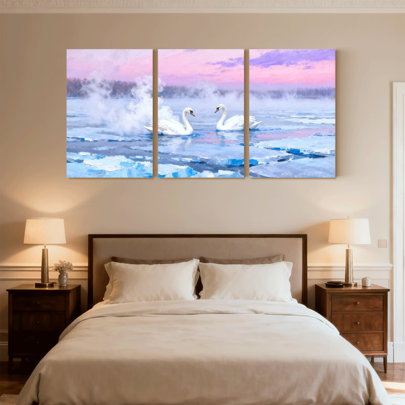 Birds Swans On Ice Lake At Dawn, ciel rose, ensemble de 3 impressions sur toile, H 30 po x l 60 po