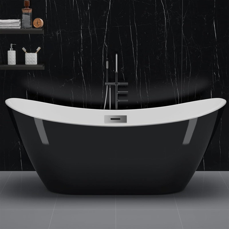 59" Acrylic Soaking Bathtub, Deep Modern Tub with Non-Slip Base, CUPC Certified, Space-Saving Bath with Chrome Drain and Overflow, Easy Install for Small Bathrooms, Black