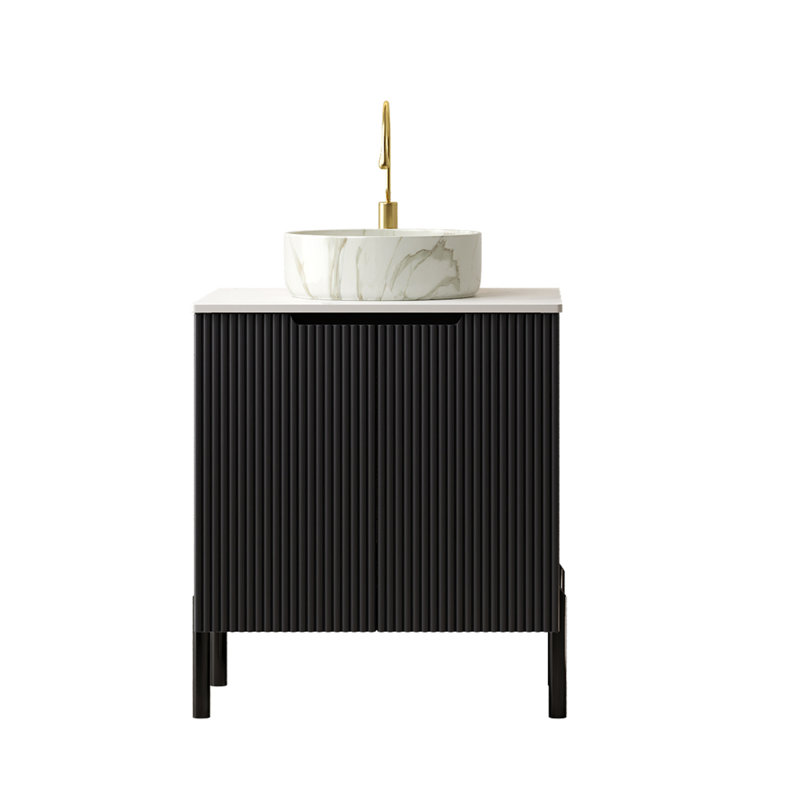 Ensemble de meuble-lavabo sur pied 24 po avec lavabo, meuble-lavabo de salle de bain autoportant avec 2 portes TURIO, lavabo rond en céramique blanc avec motif en pierre et comptoir blanc de Carrare, sans robinet, couleur noire