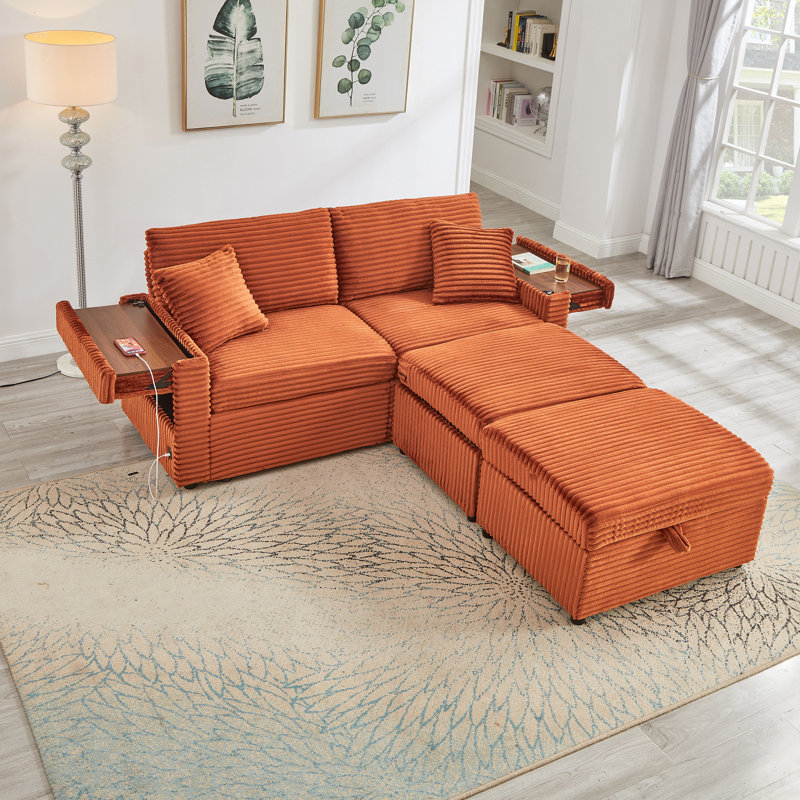 Fauteuil relax confortable en velours côtelé moelleux avec deux poufs, tablette, mousse orange et ressorts, espace de rangement, multifonctionnel surdimensionné, méridienne douce en tissu de haute qualité, accoudoirs multifonctions et