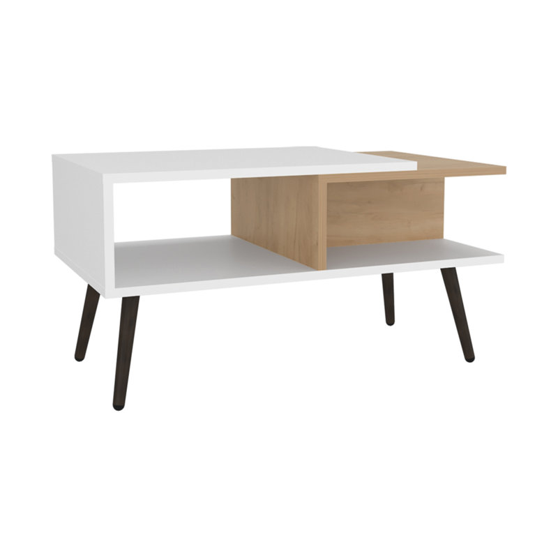 White And Natural Oak Coffee Table With Open Storage And Conical Legs, 15.6" H x 29.5" L x 16.5" W