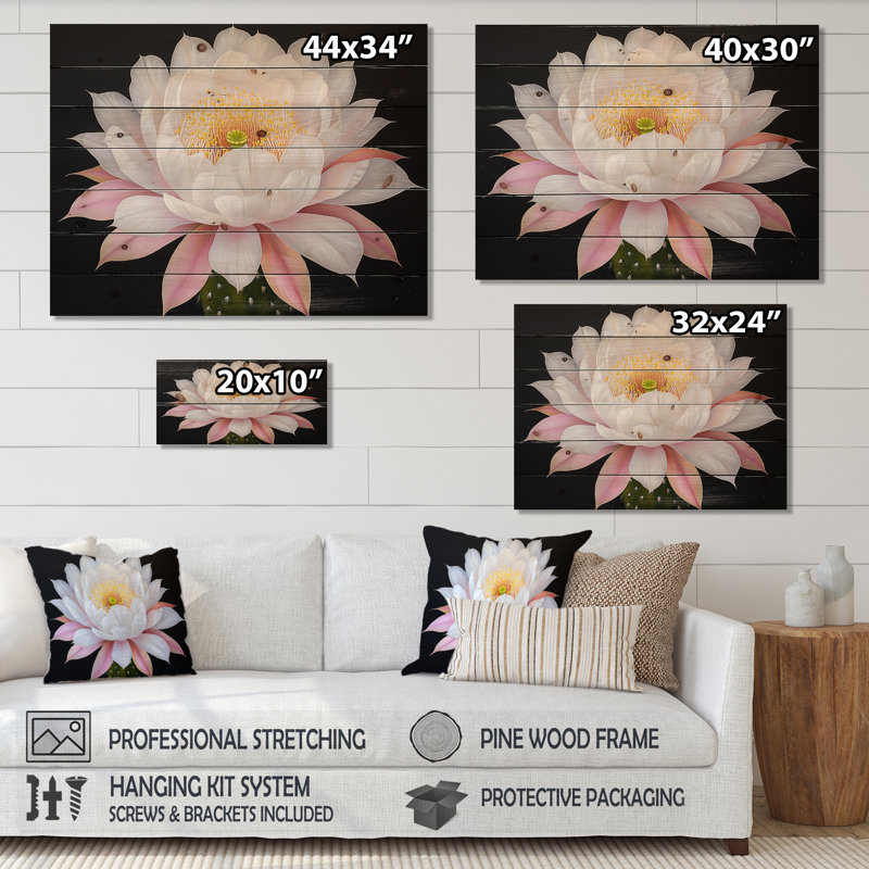 Fleur de cactus rose III - Art mural traditionnel sur bois de pin naturel, H 30 po x l 40 po