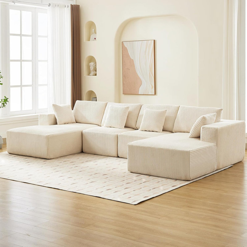 Canapé modulaire en forme de U de 137 po avec méridienne, tissu velours côtelé, sans assemblage requis, Velours côtelé beige
