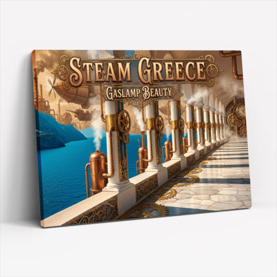 Ensemble de 1 tableau mural sur toile représentant la beauté des lampadaires à vapeur de la Grèce steampunk et l'architecture steampunk