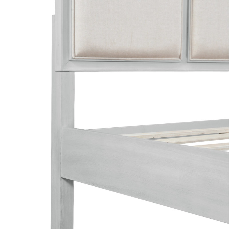 Structure de lit très grand avec tête de lit tapissier, bois massif blanc et tissu beige, pas de sommier tapissier, style campagne moderne