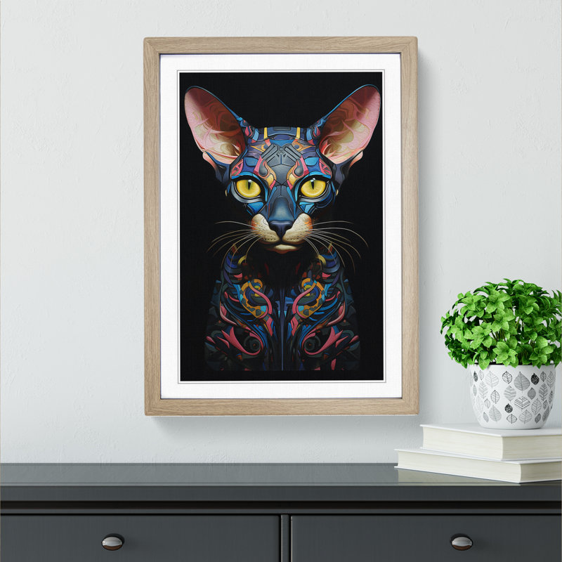 Sphynx Cat Neo Plasticism Art - Framed Print, 34cm H x 25cm W x 2cm D, Oak Framed