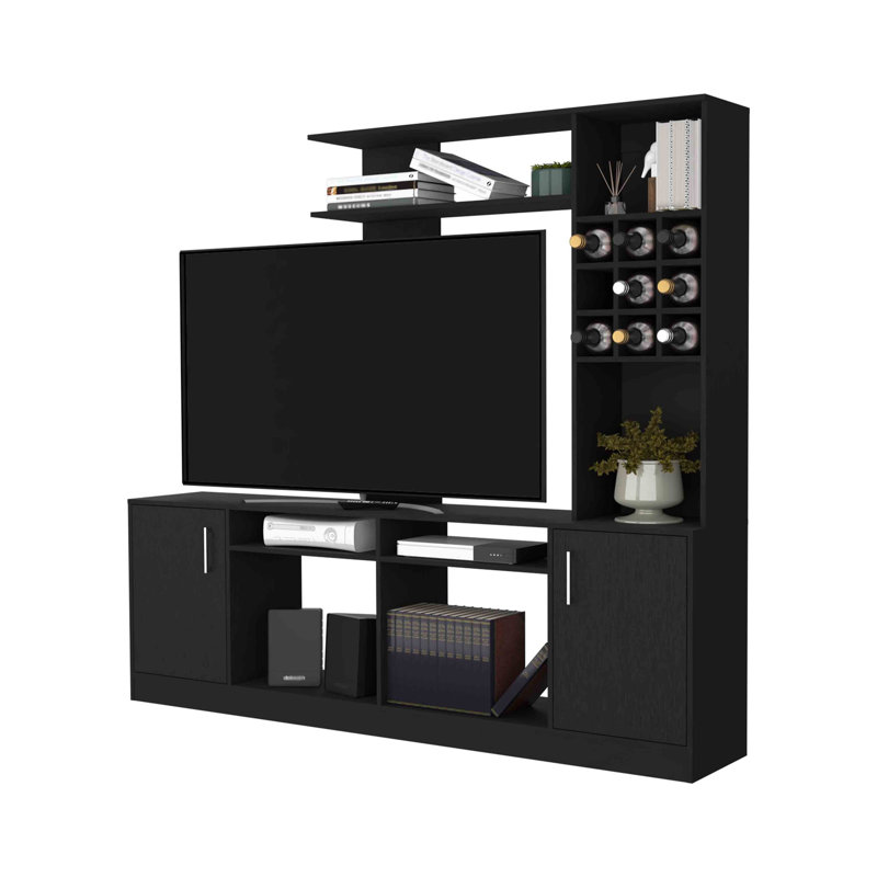 Meuble audio-vidéo vibrant pour téléviseur 78 po, deux portes, espaces de rangement et six tablettes extérieures