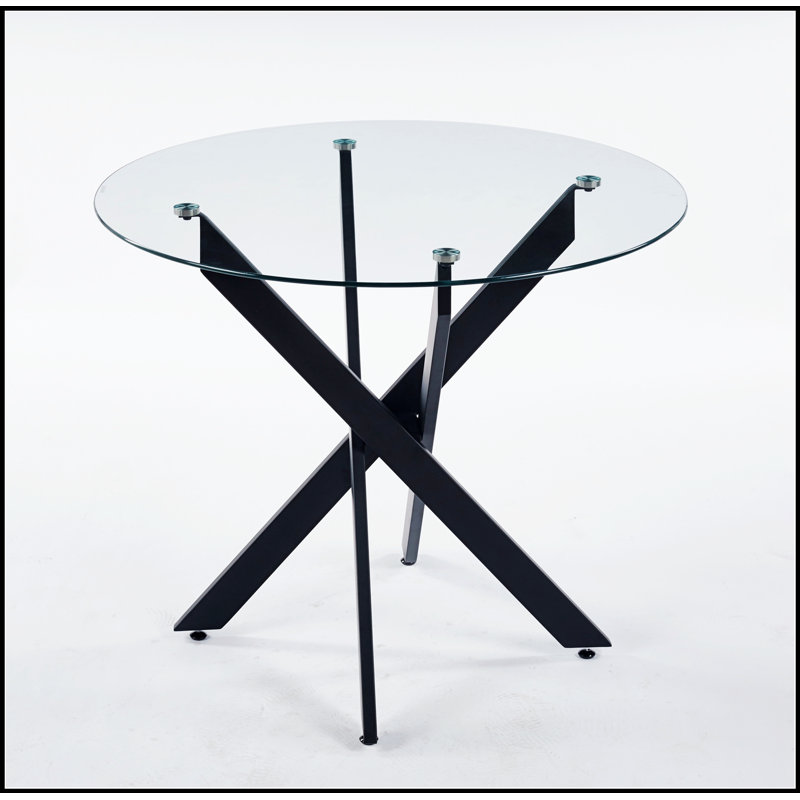 Table de salle à manger moderne noire avec pieds croisés en métal et plateau en verre trempé, parfaite pour les salons élégants et peu encombrants