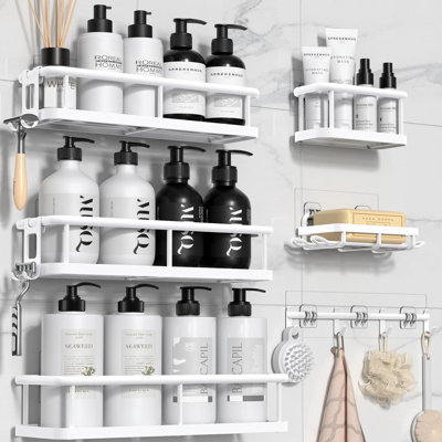 Shower Caddy 6-Piece Organizer Set - Rustproof Bathroom Storage With Large Shelves, Soap Holder & 12 Hooks - Adhesive Mount For Tiles, Glass & Metal - Heavy Duty 40Lb Capacity
