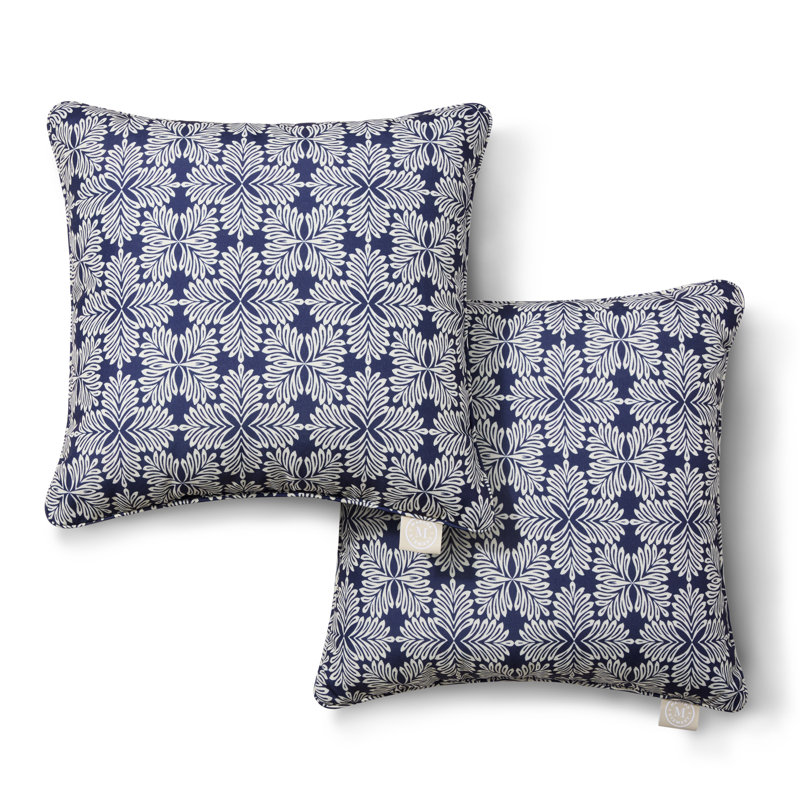 MARTHA STEWART Tulum Indoor Outdoor Lumbar Pillow 2-Pack Set, 18", Navy Blue, 18"H x 18"W, Square